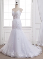 Attractive Tulle Sheer Jewel Neckline See-through Mermaid Wedding Dress With Beaded Lace Appliques
