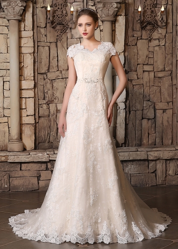 Romantic Tulle V-neck Neckline A-line Wedding Dresses With Lace Appliques