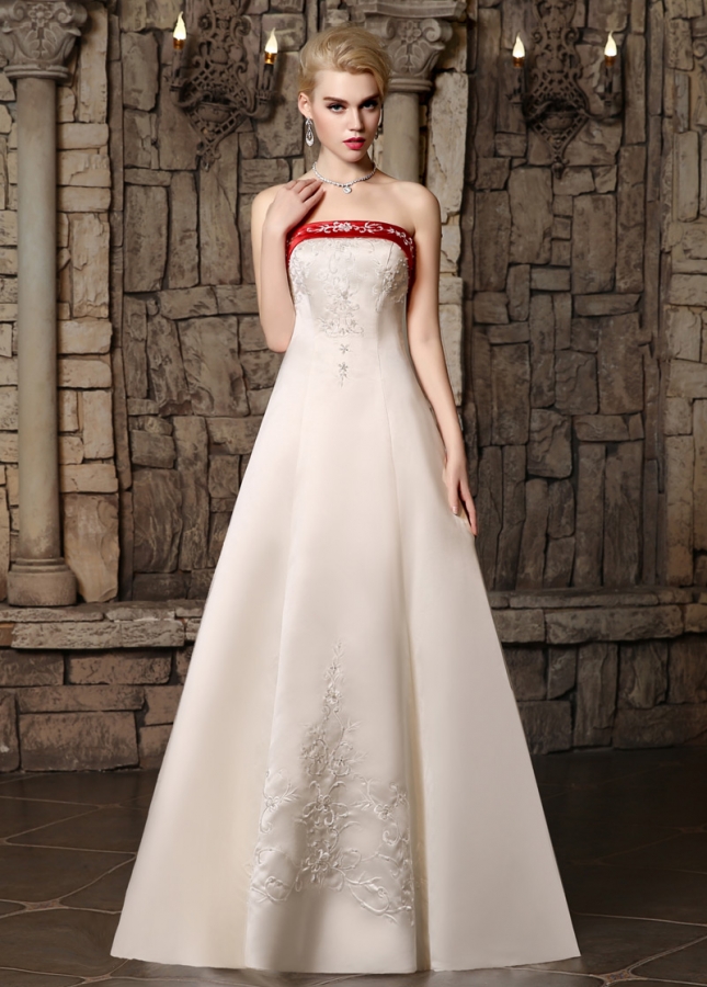 Elegant Satin Strapless Neckline A-line Wedding Dresses with Beaded Embroidery
