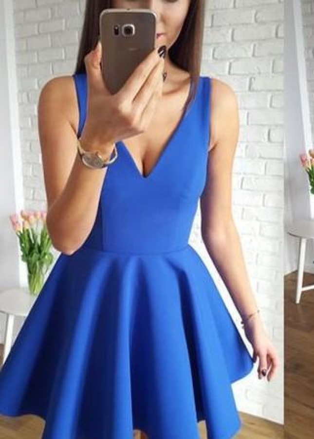 A-line Blue Satin Short Party Homecoming Dresses Under $100