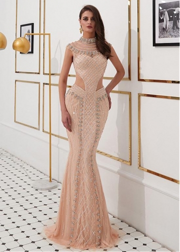 Fabulous Tulle High Collar Floor-length Mermaid Evening Dresses With Beadings & Sequins