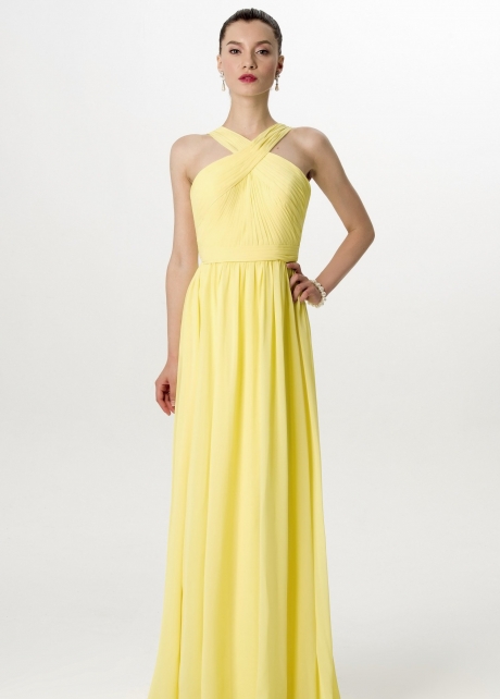 A-line Floor Length Chiffon Yellow Adult Wedding Party Dress