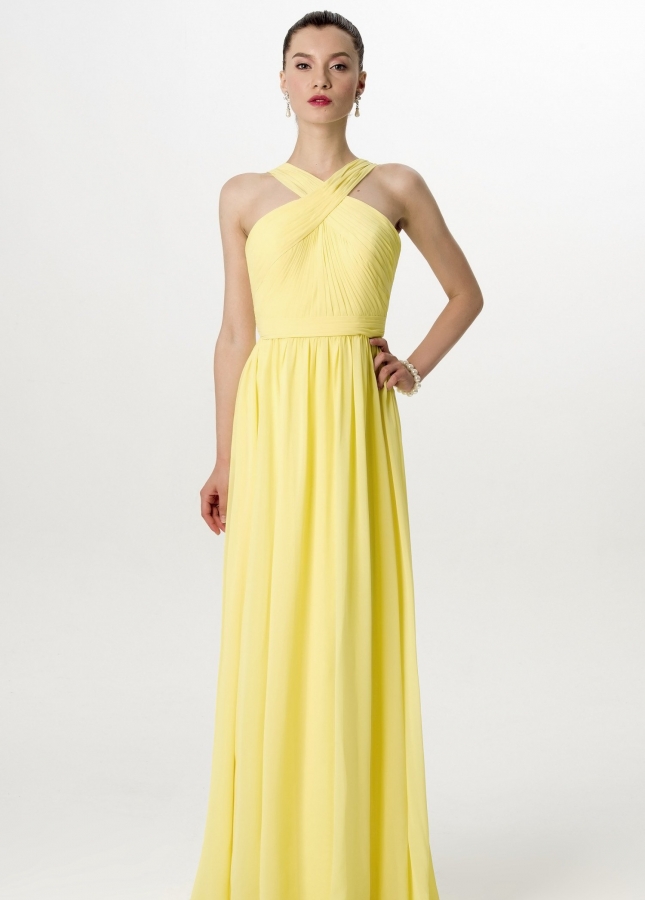 A-line Floor Length Chiffon Yellow Adult Wedding Party Dress