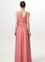 A-line Pleated V-neck Coral Long Bridesmaid Dress for Weddings