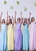 A-line Cap Sleeves Lace Chiffon Long Wedding-Guest-Dresses