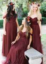 A-line Tulle Off-the-shoulder Wine Bridesmaid Dresses Long