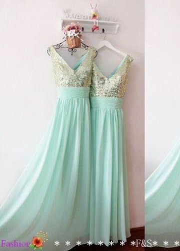 A-line Chiffon Long Bridesmaid Gown Mint Green Sequined V-neck