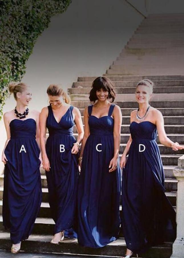 A-line Dark Blue Bridesmaid Long Dress Chiffon Gown for Wedding Parties