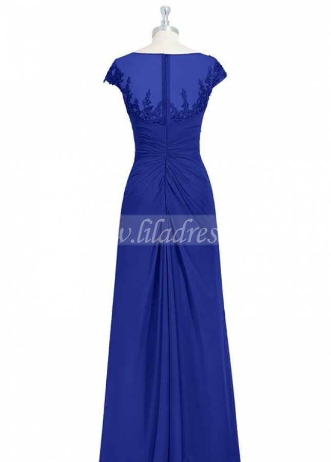 Appliqued Beaded Royalblue Mother of-the Bride Dress Cap Sleeves