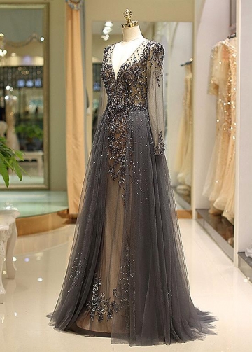 Winsome Tulle V-neck Neckline Floor-length A-line Evening Dress With Beadings