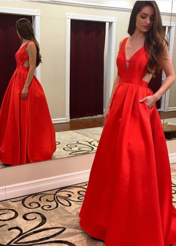 A-line V-neck Red Satin Prom Gown with Pockets