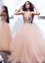 A-line Tulle Long Blush Prom Dresses with Beaded Sequins V-neck Bodice