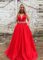 A-line Satin Plunging Neck Red Prom Long Dress with Rhinestones Belt