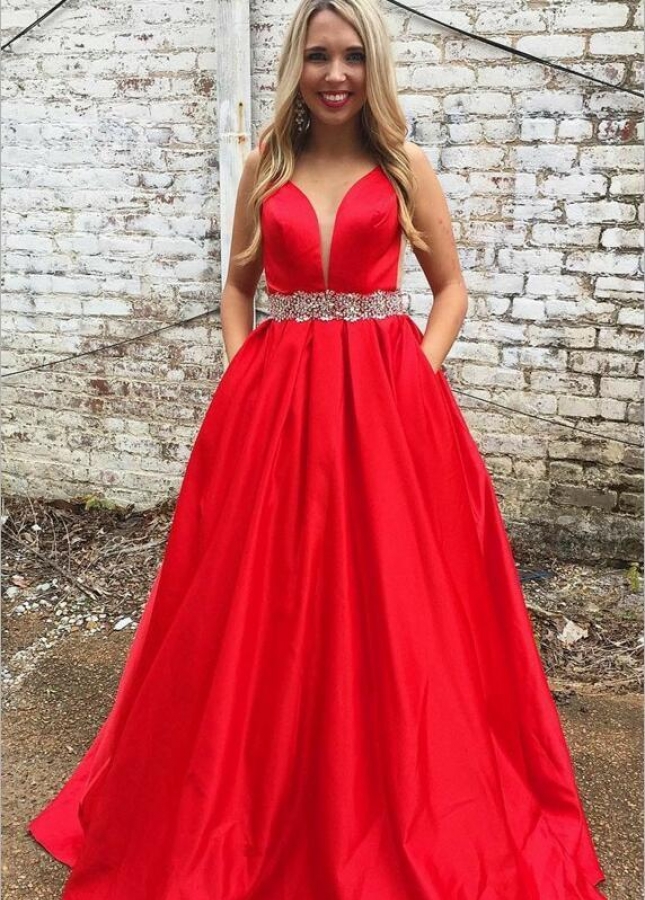 A-line Satin Plunging Neck Red Prom Long Dress with Rhinestones Belt