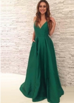 A-line Satin Green Formal Evening Gown with Pockets