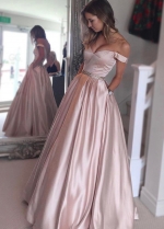 A-line Satin Pink Off the Shoulder Prom Dress with Pockets