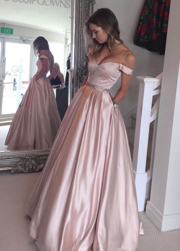 A-line Satin Pink Off the Shoulder Prom Dress with Pockets