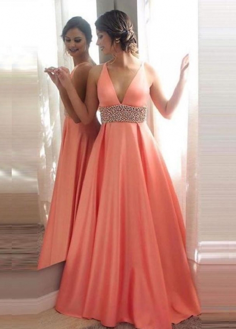 A-line Satin Long Pink Prom Gown Styles with Pearls Waistband