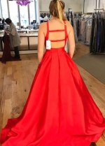 A-line Satin Long Red Prom Dresses with Pockets vestido de formatura