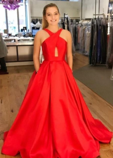 A-line Satin Long Red Prom Dresses with Pockets vestido de formatura