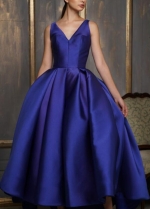 Asymmetrical Ankle Length Satin Prom Gown Royal Blue