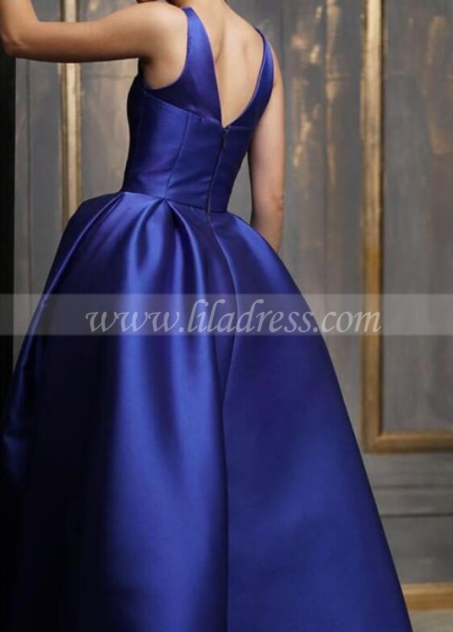 Asymmetrical Ankle Length Satin Prom Gown Royal Blue