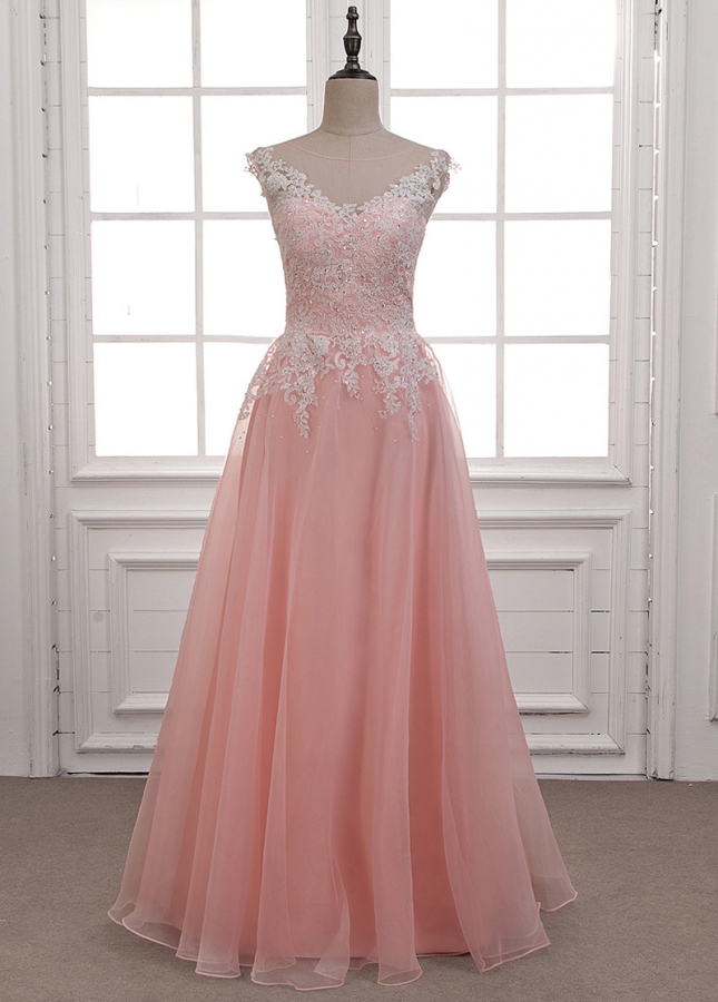 Alluring Tulle & Organza Bateau Neckline A-line Evening Dress With Beaded Lace Appliques