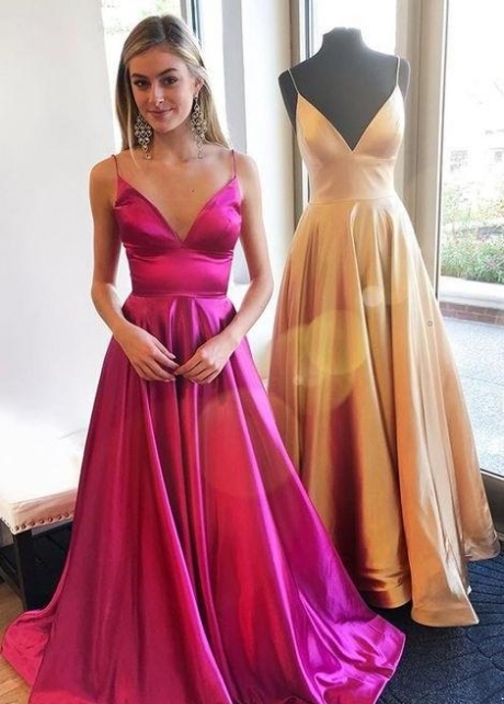 A-line Fuchsia Prom Gown with Spaghetti Straps