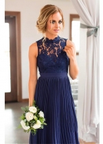 Chic Tulle & Chiffon Illusion High Collar Sleeveless A-line Bridesmaid Dress With Lace Appliques