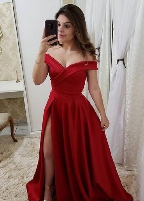 A-line Red Long Prom Party Dress with Slit Side
