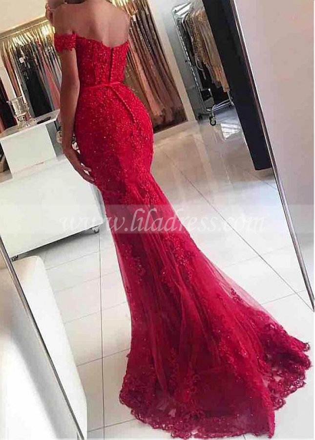 Junoesque Tulle Off-the-shoulder Neckline Mermaid Formal Dresses With Beaded Lace Appliques