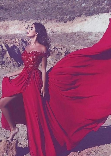 Appliques Lace Red Long Prom Dress with Off-the-shoulder