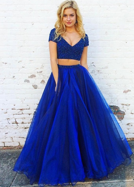 Awesome V-neck Beaded Short Sleeves Blue Prom Gown Two Pieces
