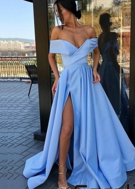 Aqua Blue Satin Long Prom Party Dresses with Off-the-shoulder