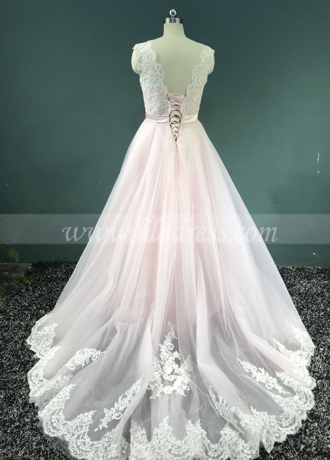 A-line Lace and Tulle Modest Bridal Wedding Dress with Corset Back