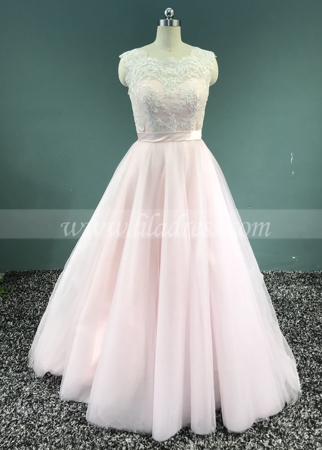 A-line Lace and Tulle Modest Bridal Wedding Dress with Corset Back