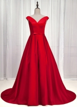 Exquisite Satin Off-the-shoulder Neckline A-Line Prom Dress With Bowknot