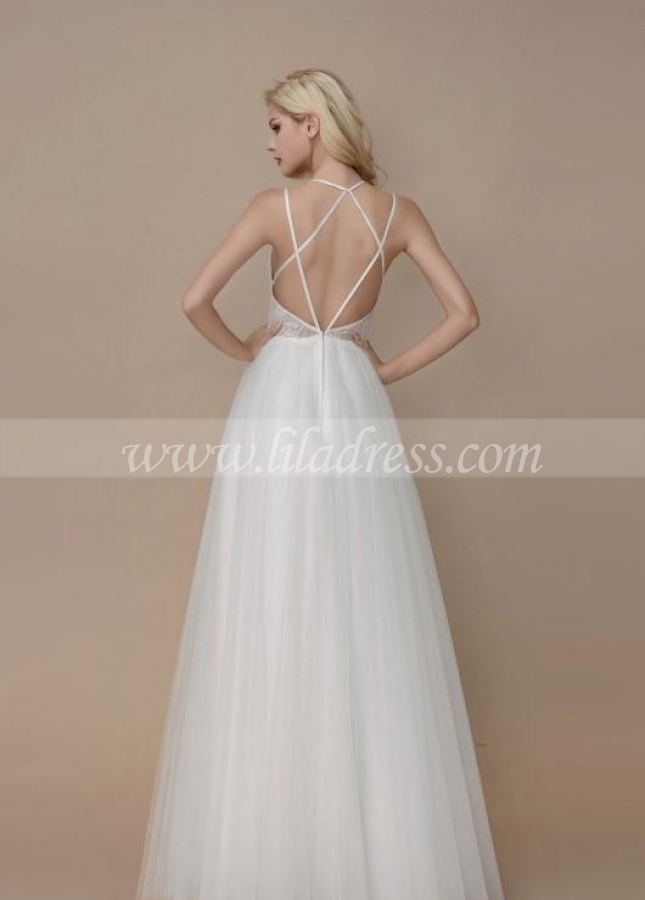 A-line Lace and Tulle Wedding Gowns with Strappy Back