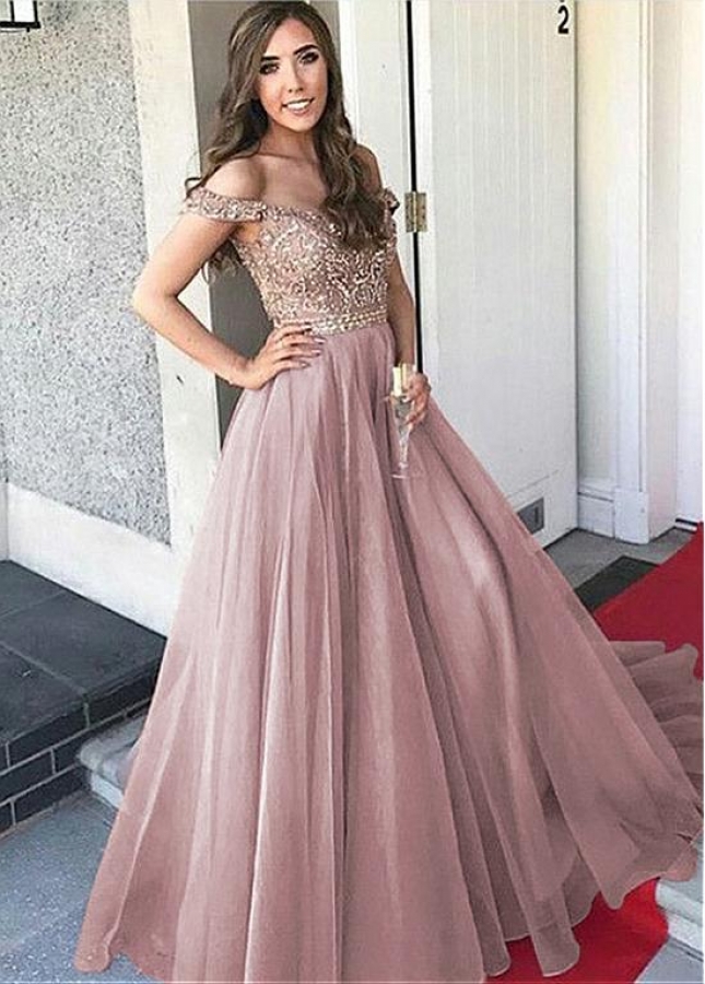 Gorgeous Diamond Tulle Off-the-shoulder Neckline A-line Evening Dress With Beadings