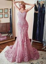 Alluring Tulle Spaghetti Straps Neckline Floor-length Mermaid Evening Dresses With Belt & Lace Appliques