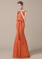 Elegant Lace V-neck Neckline Mermaid Orange Bridesmaid Dresses