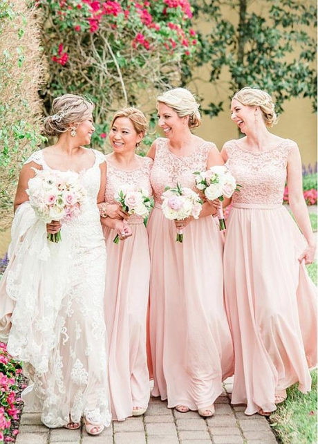 Delicate Tulle & Chiffon Jewel Neckline Floor-length A-line Bridesmaid Dresses With Beaded Lace Appliques & Belt