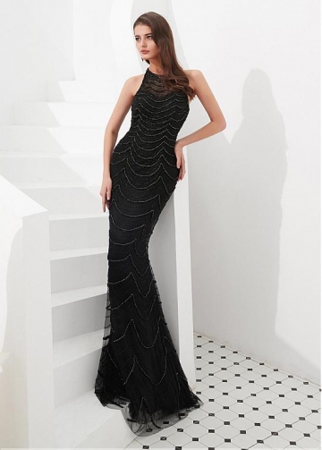 Dazzling Tulle & Satin Jewel Neckline Floor-length Mermaid Evening Dresses With Beadings