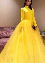 Unique Yellow High Collar Floor-length Ball Gown Evening Dresses