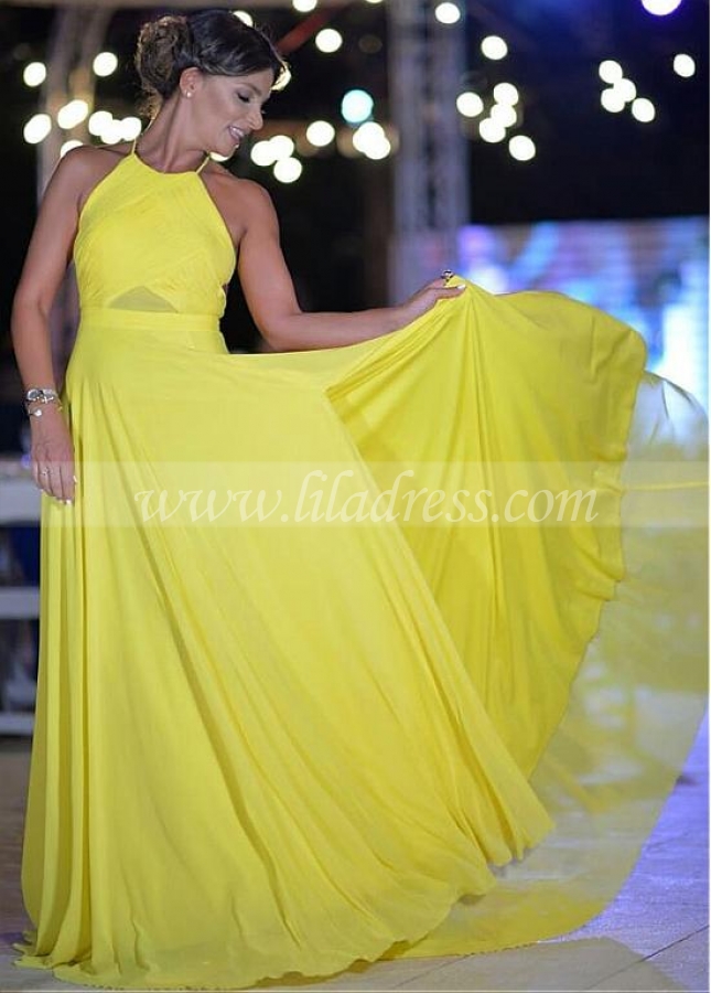 Yellow Chiffon Halter Neckline Floor-length A-line Evening Dresses