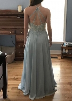 Chic Tulle & Chiffon Halter Neckline Floor-length A-line Prom Dress With Beaded Lace Appliques