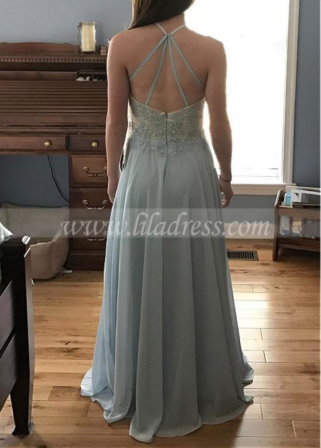 Chic Tulle & Chiffon Halter Neckline Floor-length A-line Prom Dress With Beaded Lace Appliques