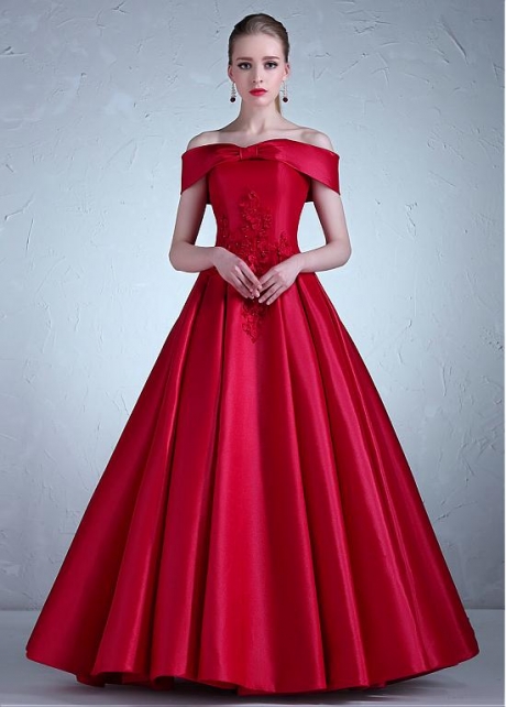 Charming Satin Off-the-shoulder Neckline Full-length A-line Evening Dress With Lace Appliques & Beadings