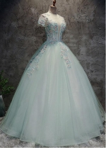 Wonderful Tulle Jewel Neckline Short Sleeves Ball Gown Prom Dress With Beaded Lace Appliques