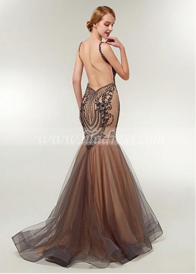 Gorgeous Tulle Spaghetti Straps Neckline Backless Mermaid Evening Dress With Beaded Embroidery